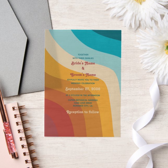 Modern Retro 70's Colorful Rainbow Waves Wedding Vellum Invitations (Wedding)