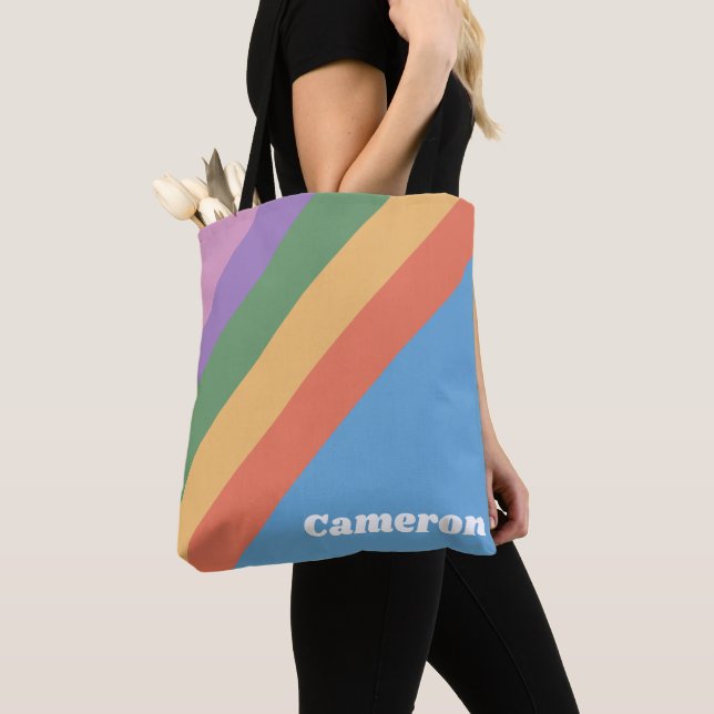 Modern Retro 70s Groovy Rainbow Bold Name Tote Bag (Close Up)