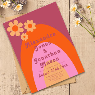 Modern Retro 70s Groovy Wedding Invitation Postcard