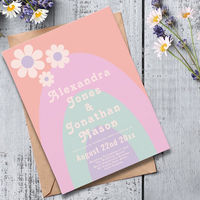 Modern Retro 70s Pastel Wedding Invitation Postcard (Modern retro daisy arch pastel groovy typography budget wedding invitation postcard peach pink )