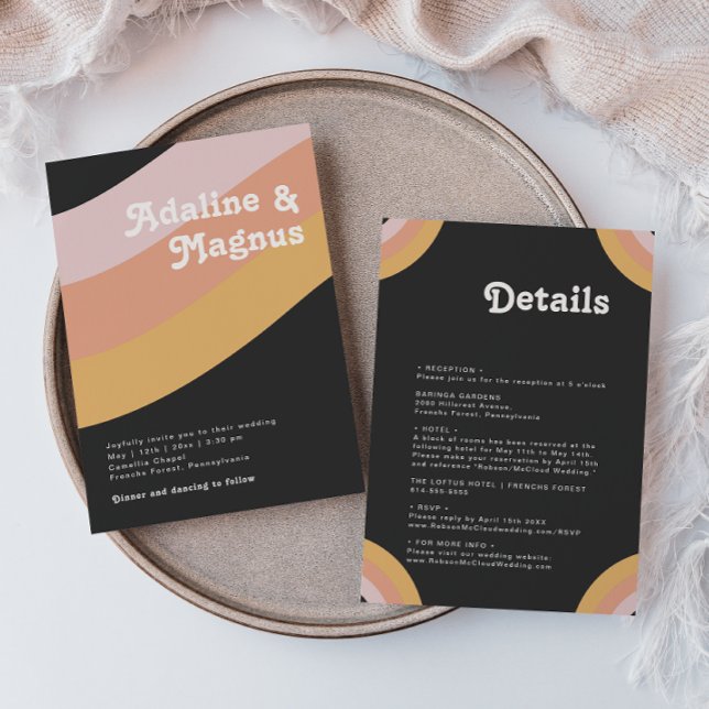 Modern Retro 70's Rainbow Dark All In One Wedding Invitation (Creator Uploaded)
