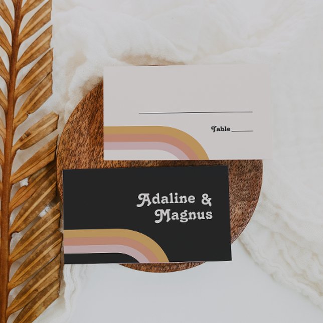 Modern Retro 70's Rainbow | Dark Flat Wedding Place Card (Creator Uploaded)