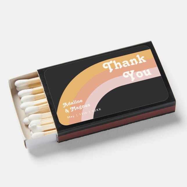 Modern Retro 70's Rainbow Dark Wedding Favor Matchboxes (Front Open)