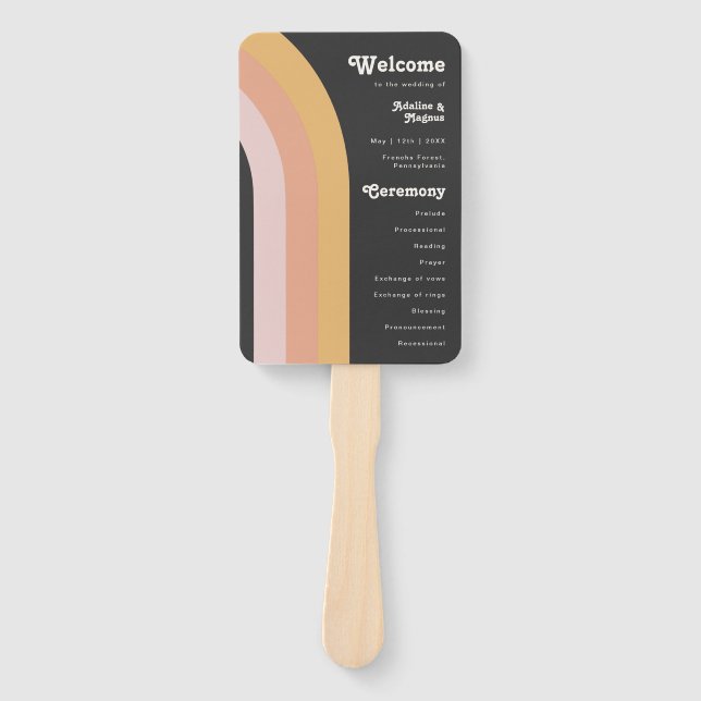 Modern Retro 70's Rainbow Dark Wedding Program Hand Fan (Front)