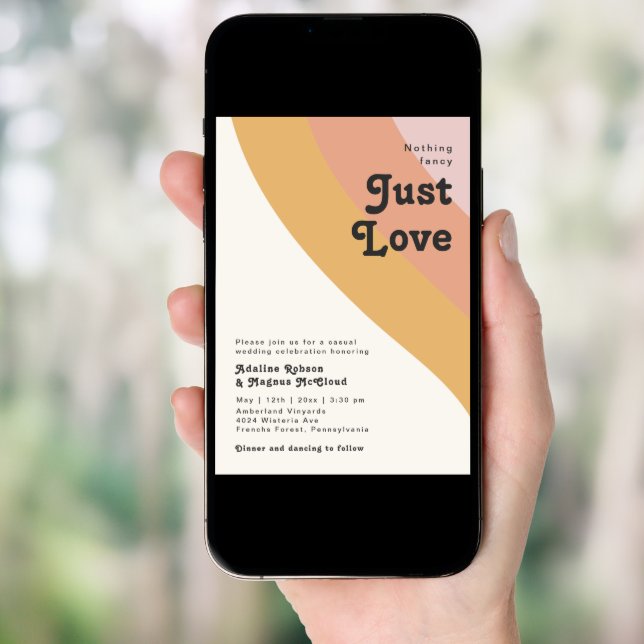 Modern Retro 70's Rainbow Just Love Wedding Invitation (Front Digital)