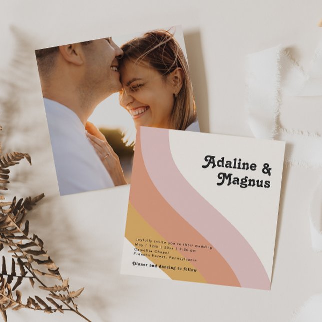 Modern Retro 70's Rainbow Square Photo Wedding Invitation (Creator Uploaded)