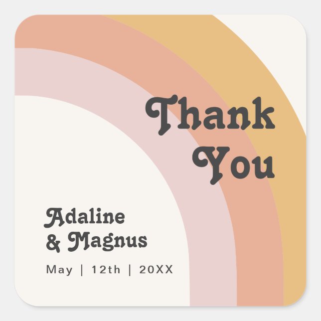 Modern Retro 70's Rainbow Thank You Wedding Favor  Square Sticker (Front)