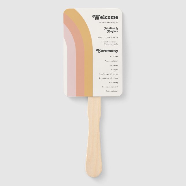 Modern Retro 70's Rainbow Wedding Program Hand Fan (Front)