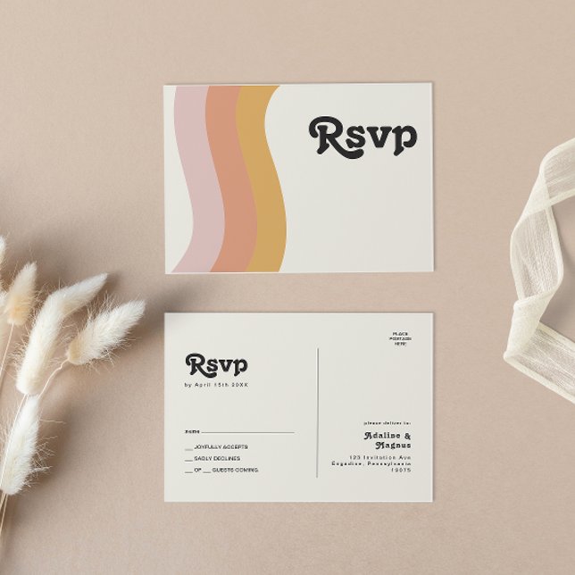 Modern Retro 70's Rainbow Wedding RSVP Postcard (Creator Uploaded)