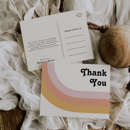 Modern Retro 70s Rainbow Wedding Thank You Postcard