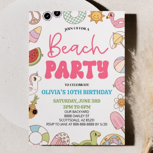 Modern Retro 70s Summer Birthday Beach Party Invitation