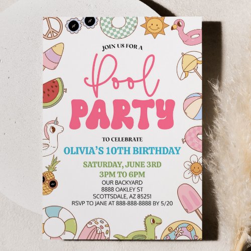 Modern Retro 70s Summer Birthday Pool Party Invitation