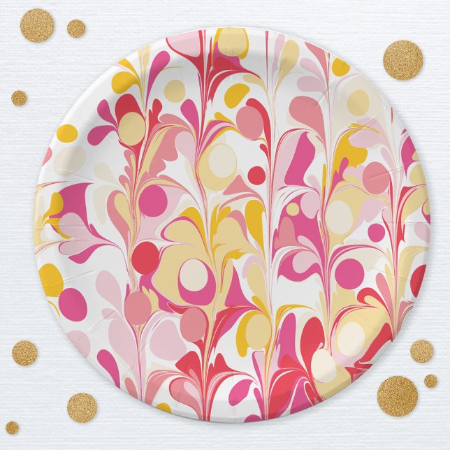Modern Retro Abstract Pink Paper Plates (Modern retro groovy abstract pattern party paper plate)