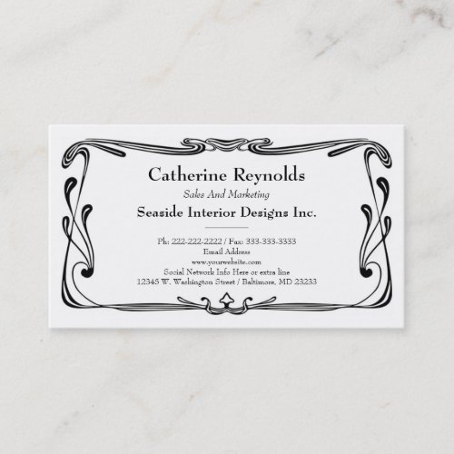 Modern Retro Art Deco Scroll Border Simple Black Business Card Template