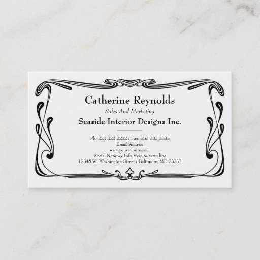 Customizable Modern Retro Art Deco Scroll Border Simple Black Business Card Template