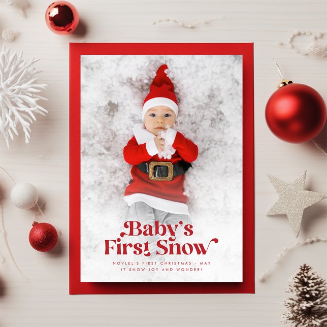 Modern Retro Baby's First Christmas Two Photo Holiday Card (Creator Uploaded)