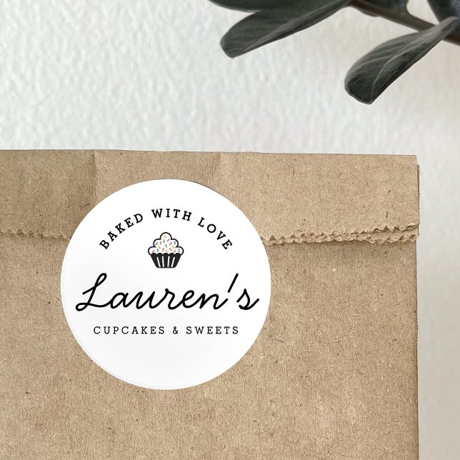 Modern Retro Baked with Love Cupcakes Classic Round Sticker (Creator Uploaded)