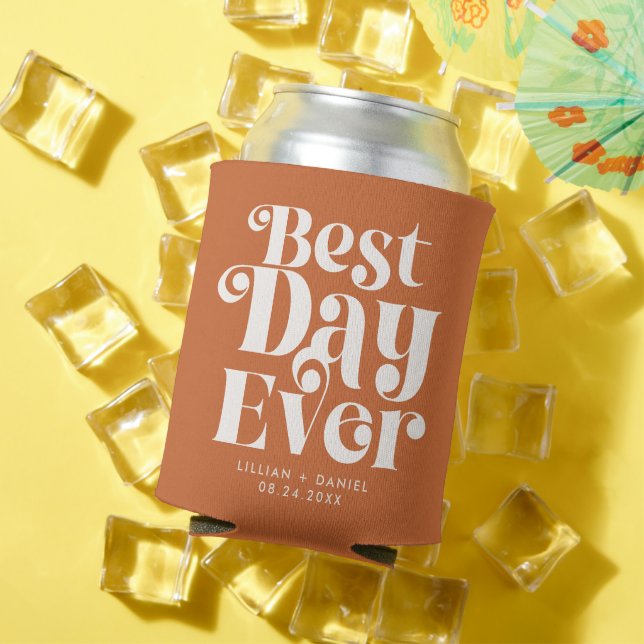Modern Retro Best Day Ever Wedding Can Cooler (In Situ Summer)