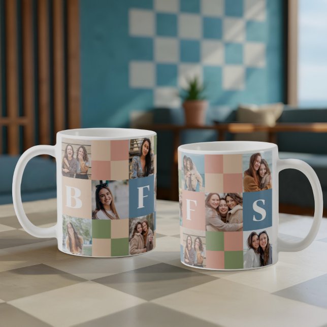 Modern Retro BFFS Checkerboard Pattern Photo Grid  Coffee Mug (Modern Retro BFFS Checkerboard Pattern Photo Grid Coffee Mug)