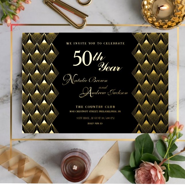 Modern Retro black and gold 50th Anniversary Foil Invitation (Creator Uploaded)