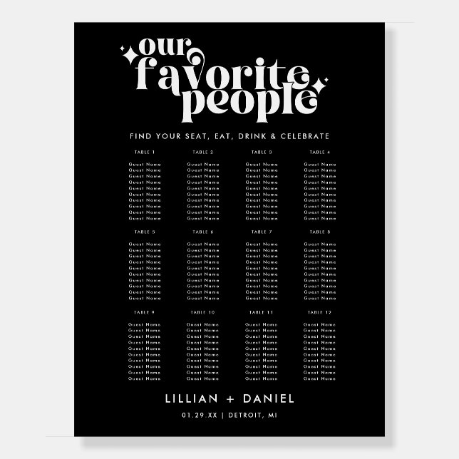 Modern Retro Black and White Wedding Seating Chart Foam Board (Front)