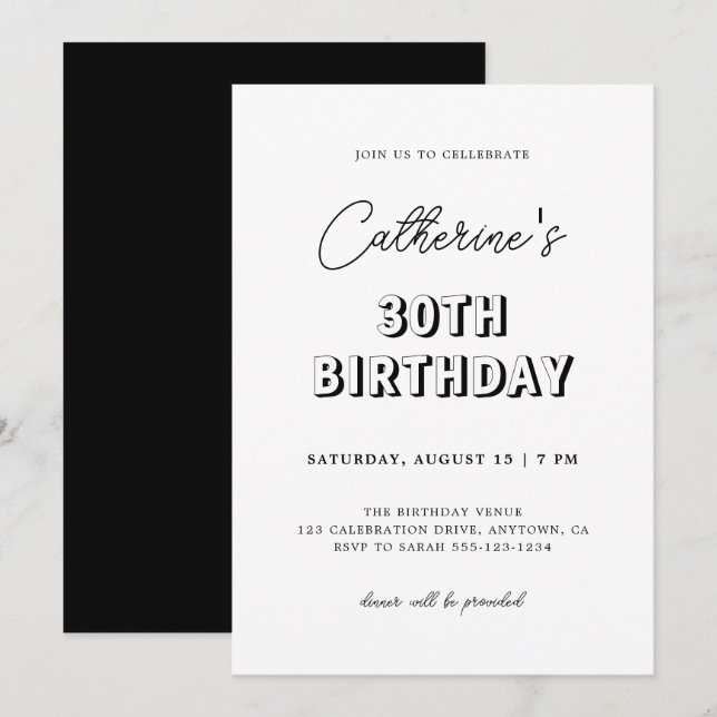 Modern Retro Black & White 30th Birthday Party Invitation (Front/Back)