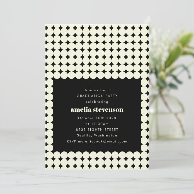 Modern Retro Black White Dots Graduation Party Invitation (Standing Front)