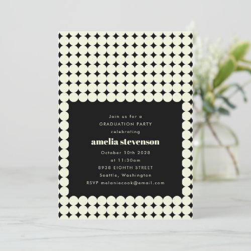 Modern Retro Black White Dots Graduation Party Invitation