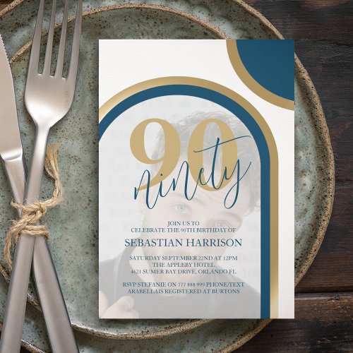 Modern Retro Blue And Gold Photo Birthday Invitati Invitation