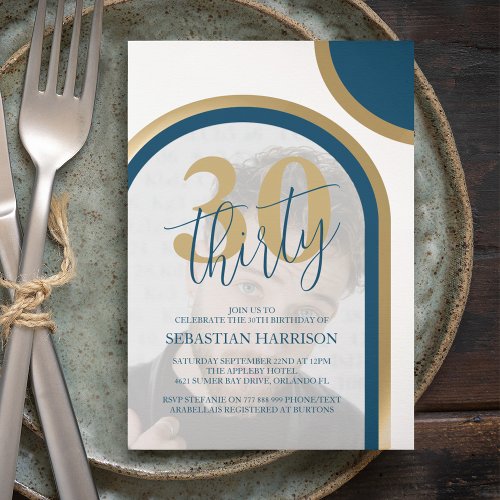 Modern Retro Blue And Gold Photo Birthday Invitation