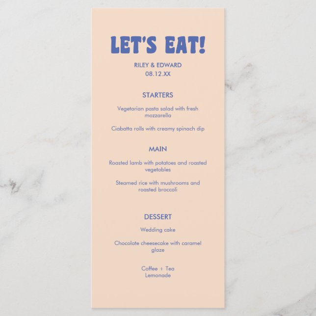 Modern Retro Blue & Beige 'Let's Eat!' Wedding Menu (Front)
