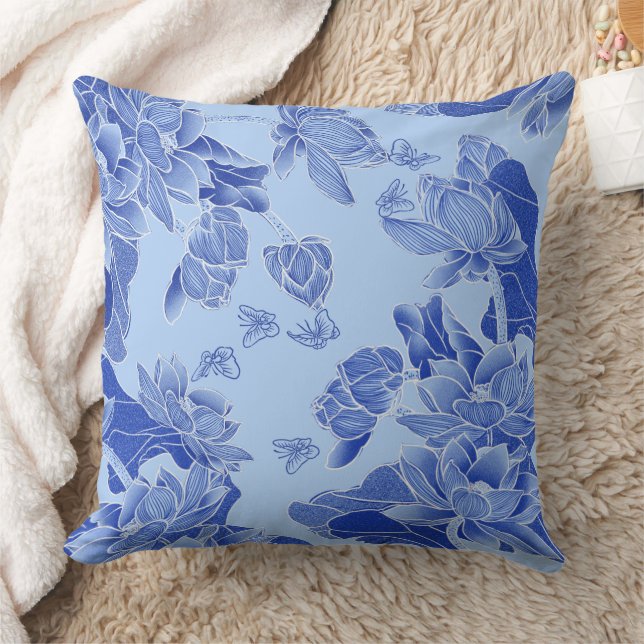 Modern Retro Blue Chinoiserie Chic Lotus Mandala Throw Pillow (Blanket)