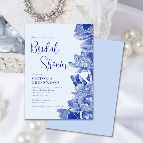 Modern Retro Blue Chinoiserie Floral Bridal Shower Invitation