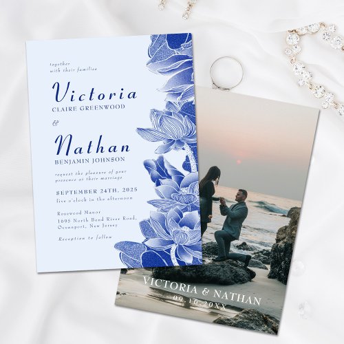 Modern Retro Blue Chinoiserie Floral Photo Wedding Invitation