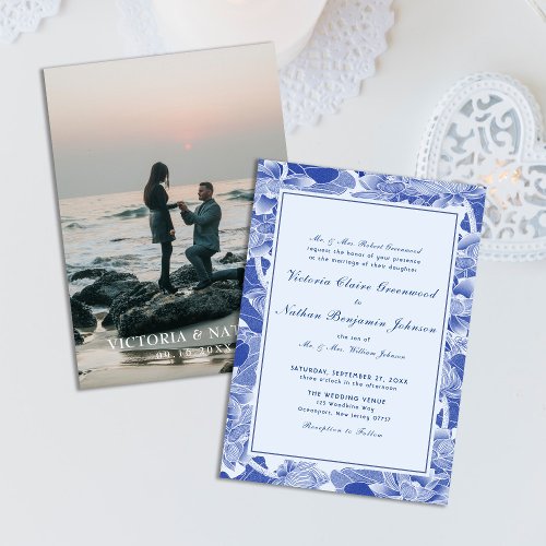  Modern Retro Blue Chinoiserie with Photo Wedding  Invitation
