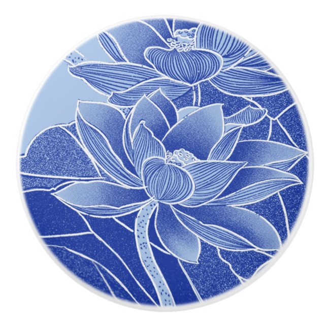 Modern Retro Blue Flowers Lotus Mandala Waterlily Ceramic Knob (Front)