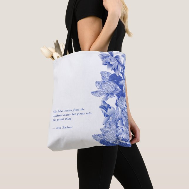 Modern Retro Blue Lotus Mandala Zen Quote Tote (Close Up)