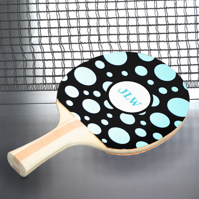 Modern Retro Blue Polka-dots on Black Ping Pong Paddle (Creator Uploaded)
