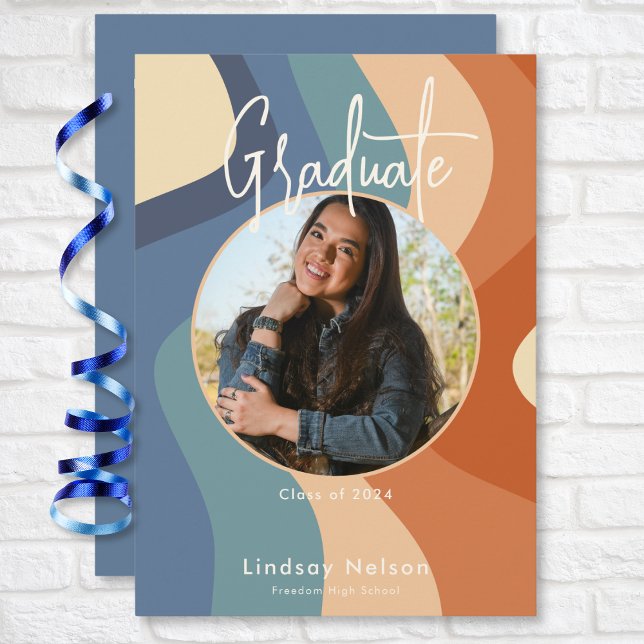 Modern Retro Blue Rust Cream Wave Photo Graduation Invitation (Modern Retro Blue Rust Cream Wave Photo Graduation Invitation)