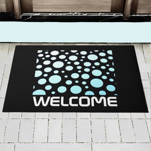 Modern Retro Blue  White Ombre Polka Dots Black Doormat