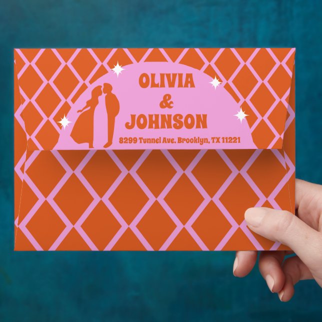 Modern Retro Boho Pink Orange Personalized Wedding Envelope (Hand)