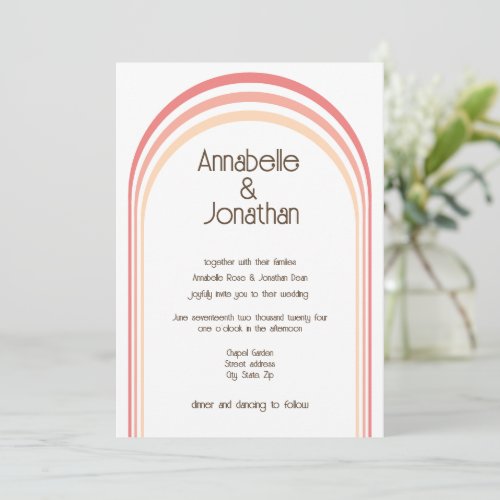 Modern Retro Boho Rainbow Peach Wedding Invitation