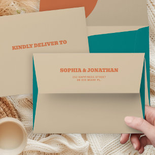 Modern retro bold groovy beige teal wedding envelope