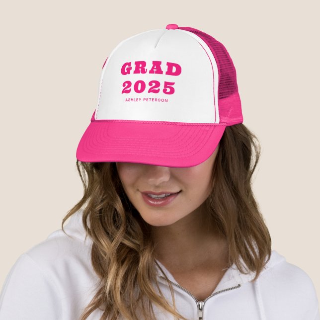 Modern Retro Bold Typography Hot Pink Graduation Trucker Hat (In Situ)