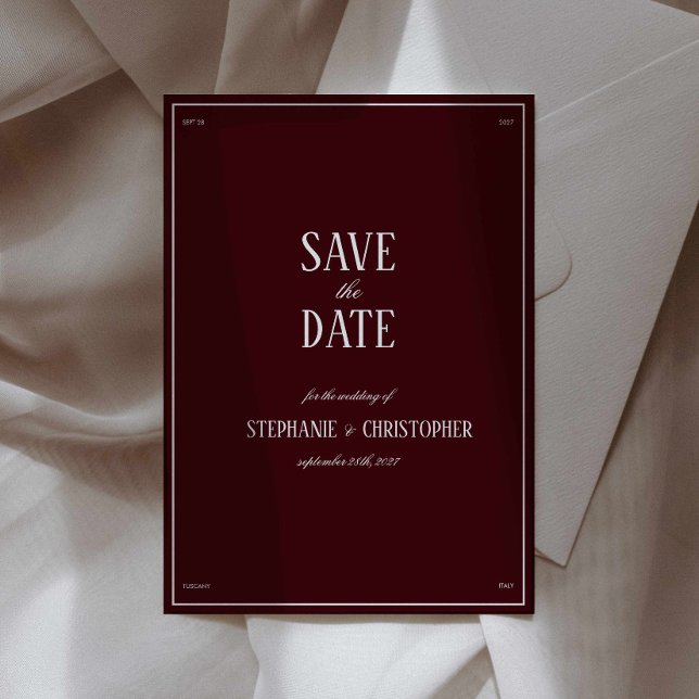 Modern Retro Burgundy Wedding Save the date Invitation (burgundy formal save the date wedding invitation, deep red cherry classy wedding annoucement card)