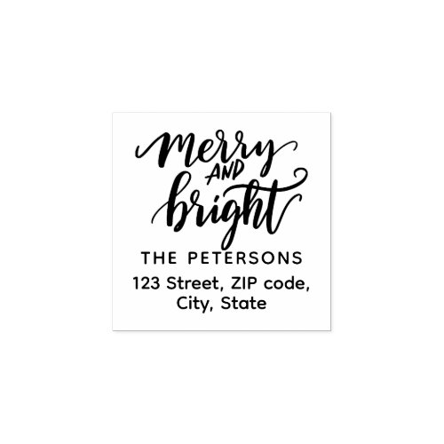 Modern Retro Calligraphy Merry and Bright Rubber Stamp