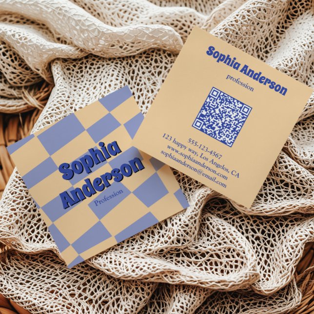 Modern Retro Checkerboard Qr Code Square Business Card (Creator Uploaded)