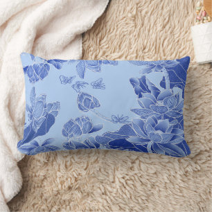 Modern Retro Chinoiserie Blue Lotus Mandala  Lumbar Pillow