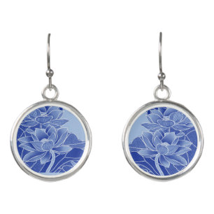 Modern Retro Chinoiserie Chic Blue Lotus Mandala Earrings