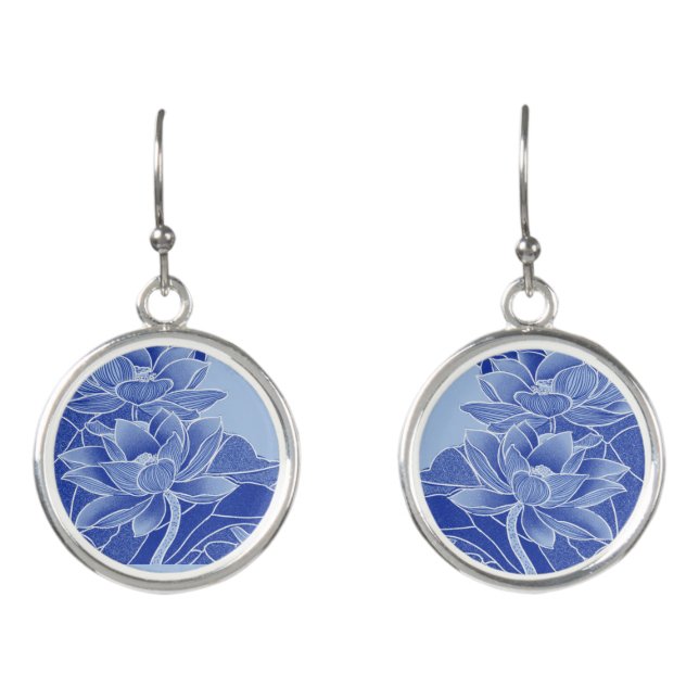 Modern Retro Chinoiserie Chic Blue Lotus Mandala Earrings (Front)
